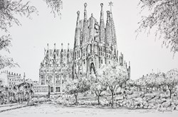 Cathedral Sagrada la Familia, Barcelona by Phillip Bissell - Original Drawing on Mounted Paper sized 17x11 inches. Available from Whitewall Galleries